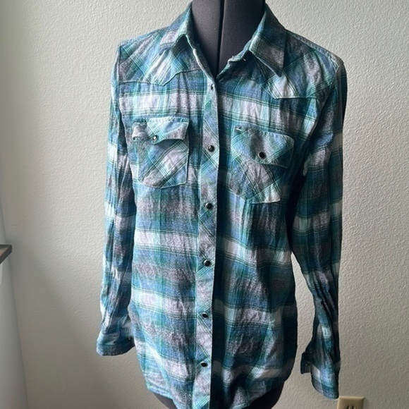 Pacific crest shirt plaid blues and grays size medium snap up western style - Picture 1 of 11